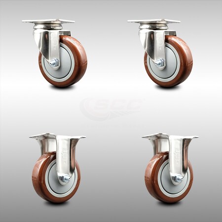 Service Caster 4 Inch 316SS Maroon Polyurethane Wheel Swivel Top Plate Caster Rigid SCC, 2PK SCC-SS31620S414-PPUB-MRN-2-R-2